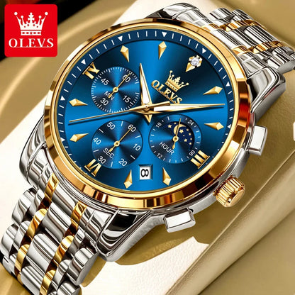 OLEVS 3639 Men's Luxury Quartz Watch Stainless Steel Luminous Moon Phase Waterproof Wristwatch with Push Button Hidden Clasp