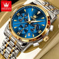 OLEVS 3639 Men's Luxury Quartz Watch Stainless Steel Luminous Moon Phase Waterproof Wristwatch with Push Button Hidden Clasp