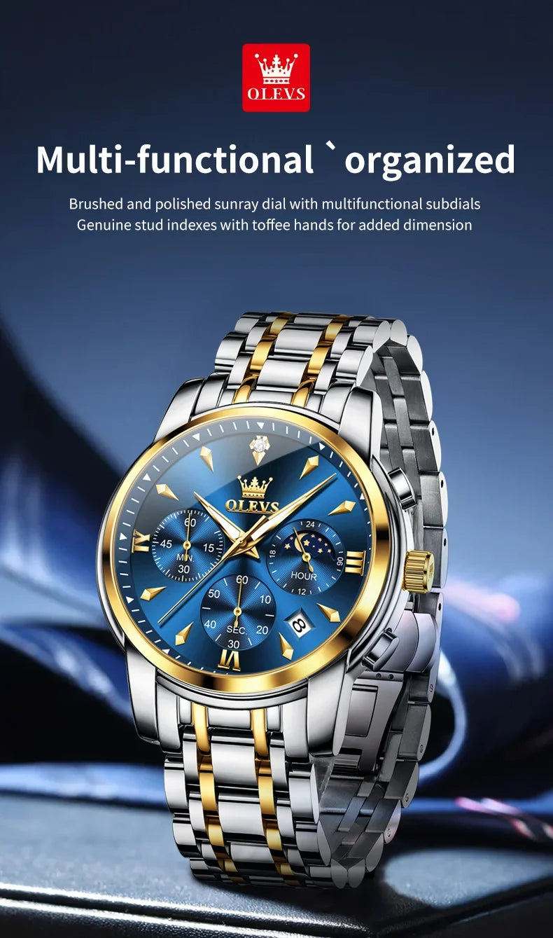 OLEVS 3639 Men's Luxury Quartz Watch Stainless Steel Luminous Moon Phase Waterproof Wristwatch with Push Button Hidden Clasp