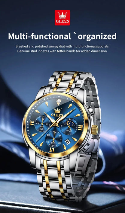 OLEVS 3639 Men's Luxury Quartz Watch Stainless Steel Luminous Moon Phase Waterproof Wristwatch with Push Button Hidden Clasp