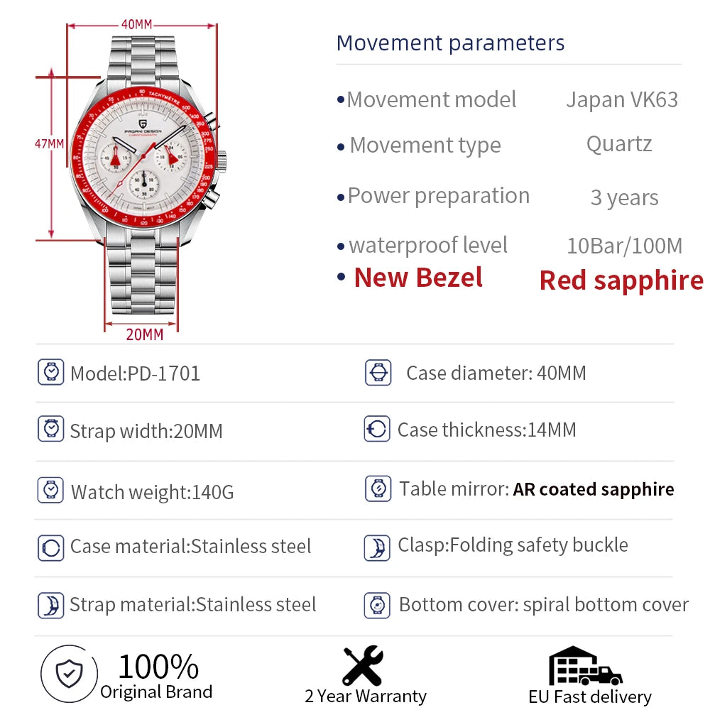 PAGANI DESIGN Men's Chronometer Quartz Watch Waterproof Luminous Red Sapphire Mirror Stainless Steel Band Fashion & Casual Wristwatch