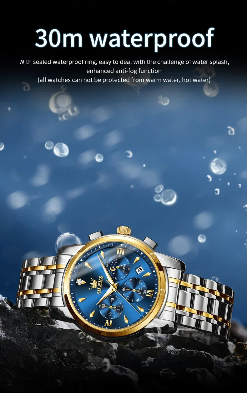 OLEVS 3639 Men's Luxury Quartz Watch Stainless Steel Luminous Moon Phase Waterproof Wristwatch with Push Button Hidden Clasp