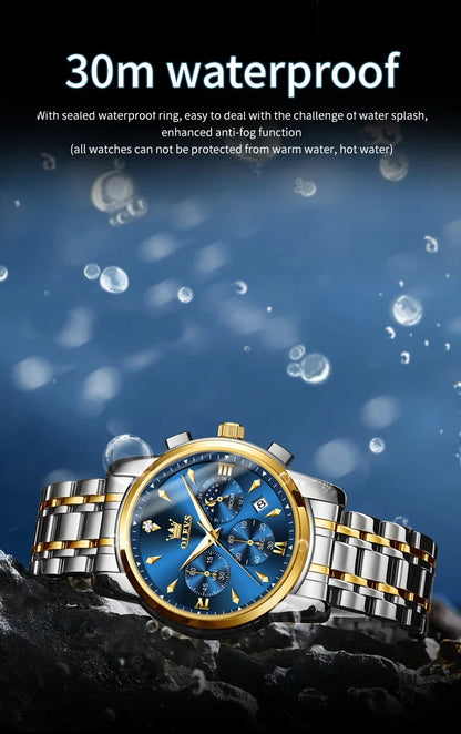 OLEVS 3639 Men's Luxury Quartz Watch Stainless Steel Luminous Moon Phase Waterproof Wristwatch with Push Button Hidden Clasp