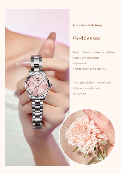 OLEVS 3668 Luxury Stainless Steel Quartz Watch for Women Waterproof Roman Numeral Date Display round Dial Push Button Hidden Clasp
