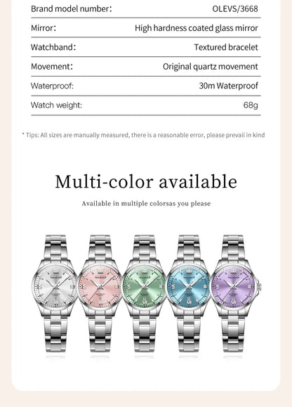 OLEVS 3668 Luxury Stainless Steel Quartz Watch for Women Waterproof Roman Numeral Date Display round Dial Push Button Hidden Clasp