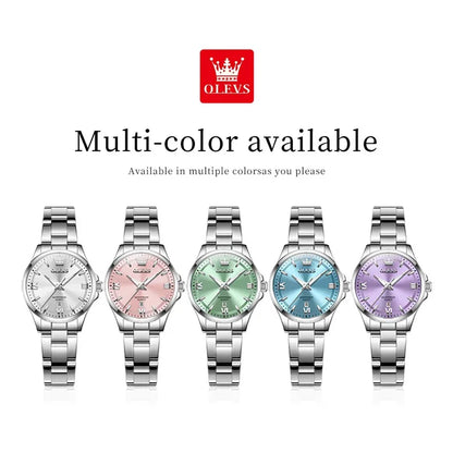 OLEVS 3668 Luxury Stainless Steel Quartz Watch for Women Waterproof Roman Numeral Date Display round Dial Push Button Hidden Clasp