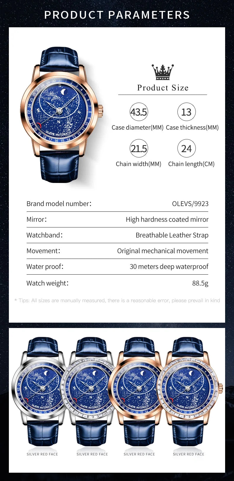 OLEVS 9923 Men's Casual Fashion Luxury Mechanical Watch Leather Strap Luminous High Quality Stainless Steel round Case Wristwatch