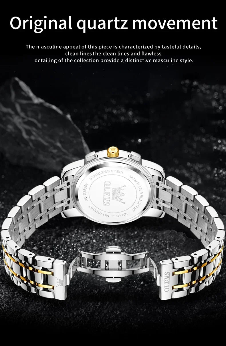 OLEVS 3639 Men's Luxury Quartz Watch Stainless Steel Luminous Moon Phase Waterproof Wristwatch with Push Button Hidden Clasp