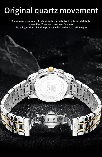 OLEVS 3639 Men's Luxury Quartz Watch Stainless Steel Luminous Moon Phase Waterproof Wristwatch with Push Button Hidden Clasp
