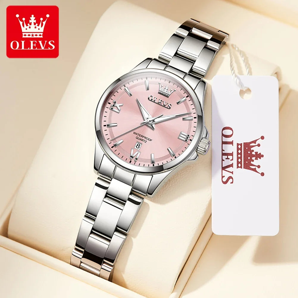 OLEVS 3668 Luxury Stainless Steel Quartz Watch for Women Waterproof Roman Numeral Date Display round Dial Push Button Hidden Clasp