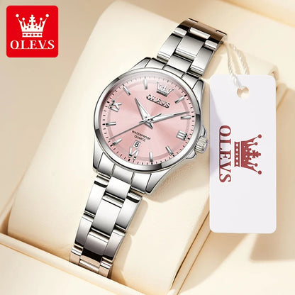 OLEVS 3668 Luxury Stainless Steel Quartz Watch for Women Waterproof Roman Numeral Date Display round Dial Push Button Hidden Clasp