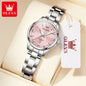 OLEVS 3668 Luxury Stainless Steel Quartz Watch for Women Waterproof Roman Numeral Date Display round Dial Push Button Hidden Clasp