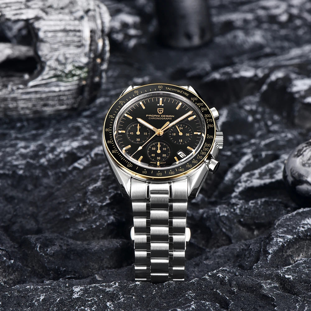 PAGANI DESIGN Men's Chronometer Quartz Watch Waterproof Luminous Red Sapphire Mirror Stainless Steel Band Fashion & Casual Wristwatch