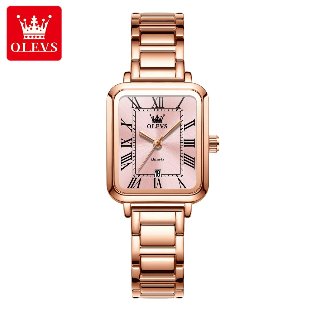 OLEVS Classic Square Women's Watch Roman Numerals Stainless Steel Band Quartz Movement Waterproof Casual Luxury Watch 5641
