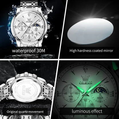 OLEVS 3639 Men's Luxury Quartz Watch Stainless Steel Luminous Moon Phase Waterproof Wristwatch with Push Button Hidden Clasp