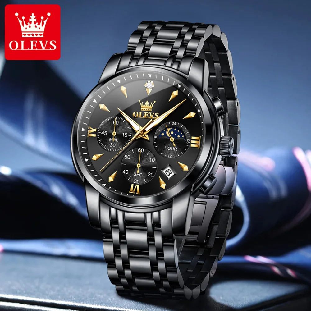 OLEVS 3639 Men's Luxury Quartz Watch Stainless Steel Luminous Moon Phase Waterproof Wristwatch with Push Button Hidden Clasp