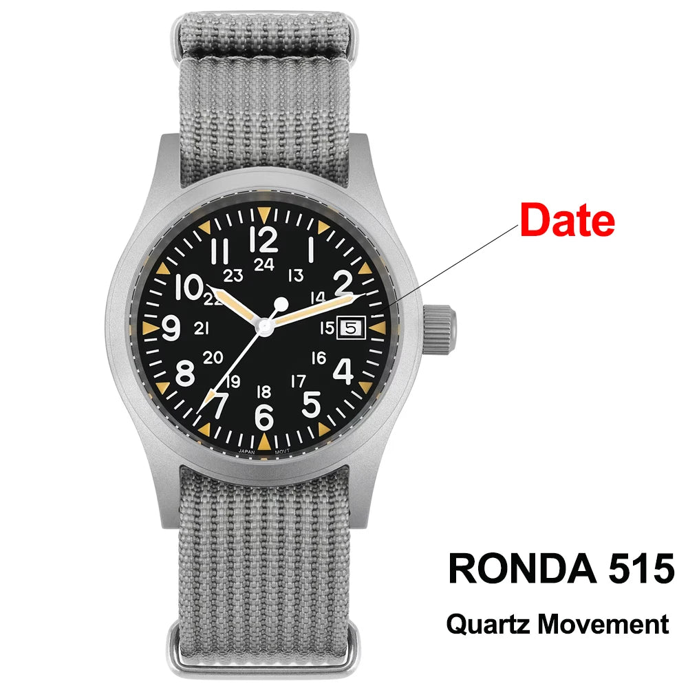 Militado ML05 38mm Military Field Watch - Sweep Quartz Movement Domed Sapphire Crystal 100M Waterproof Super Luminous Nylon Band Watch for Men