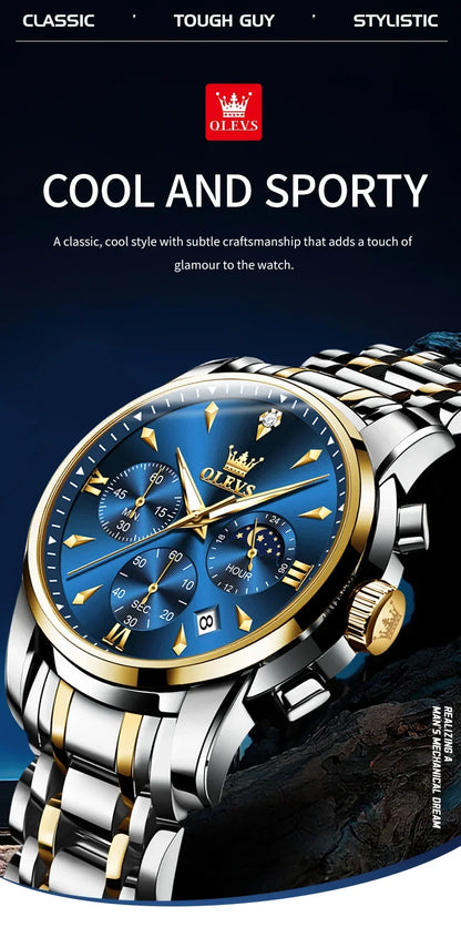 OLEVS 3639 Men's Luxury Quartz Watch Stainless Steel Luminous Moon Phase Waterproof Wristwatch with Push Button Hidden Clasp