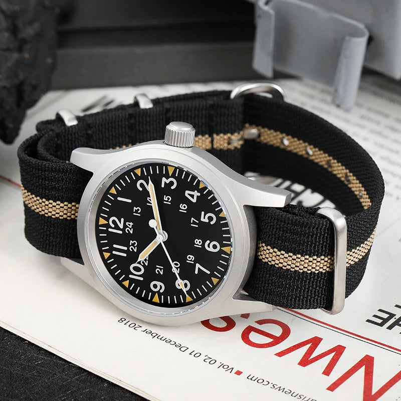 Militado ML05 38mm Military Field Watch - Sweep Quartz Movement Domed Sapphire Crystal 100M Waterproof Super Luminous Nylon Band Watch for Men