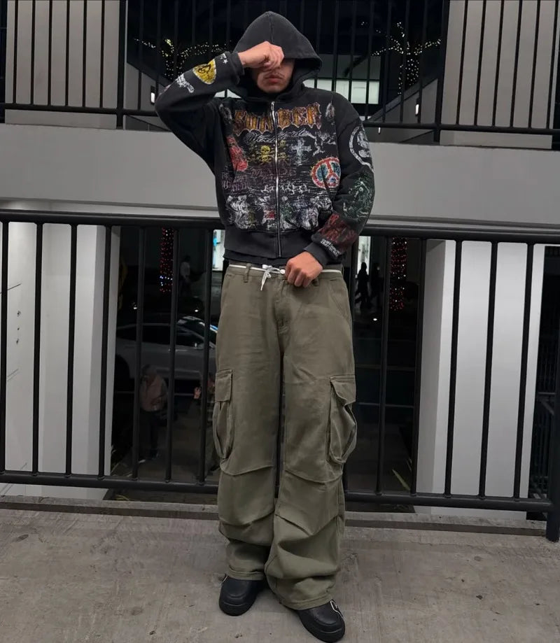 Y2k American Fashion Personality Versatile Anime Printed Zipper Hoodie Men