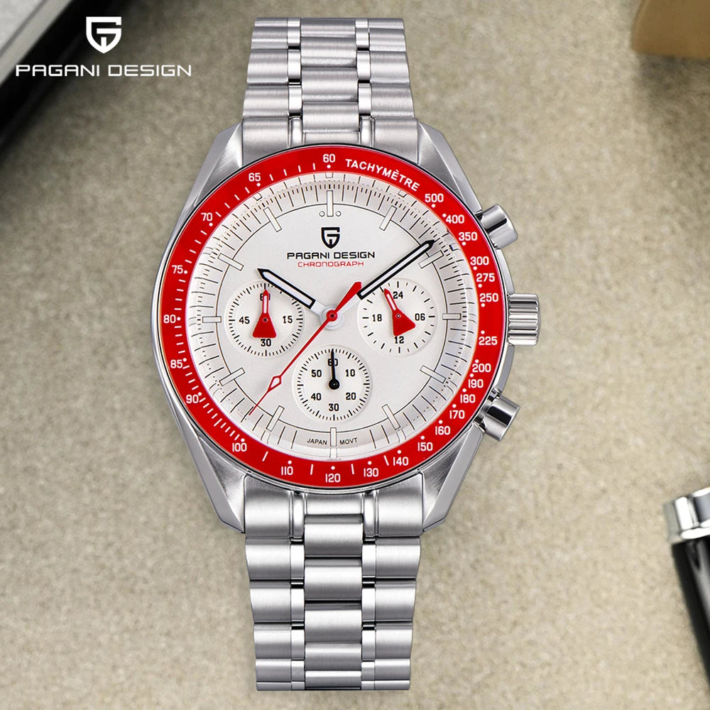 PAGANI DESIGN Men's Chronometer Quartz Watch Waterproof Luminous Red Sapphire Mirror Stainless Steel Band Fashion & Casual Wristwatch