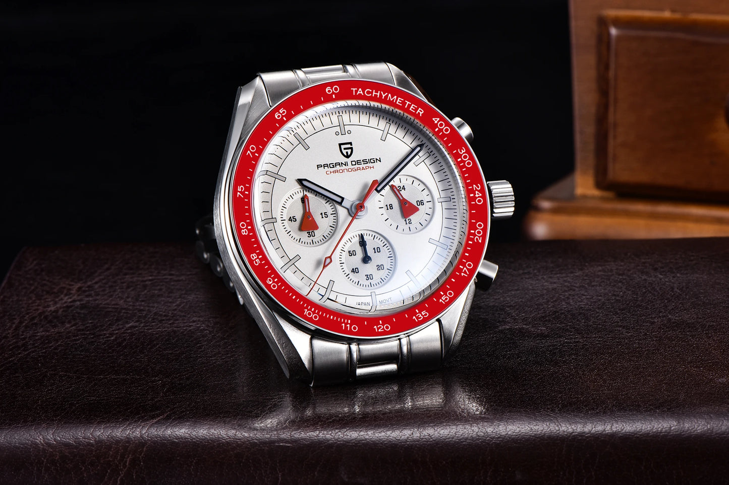PAGANI DESIGN Men's Chronometer Quartz Watch Waterproof Luminous Red Sapphire Mirror Stainless Steel Band Fashion & Casual Wristwatch