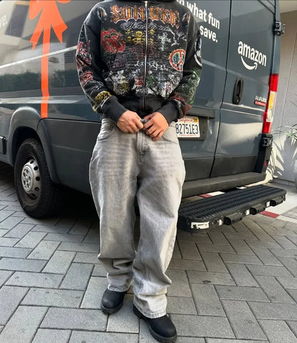 Y2k American Fashion Personality Versatile Anime Printed Zipper Hoodie Men
