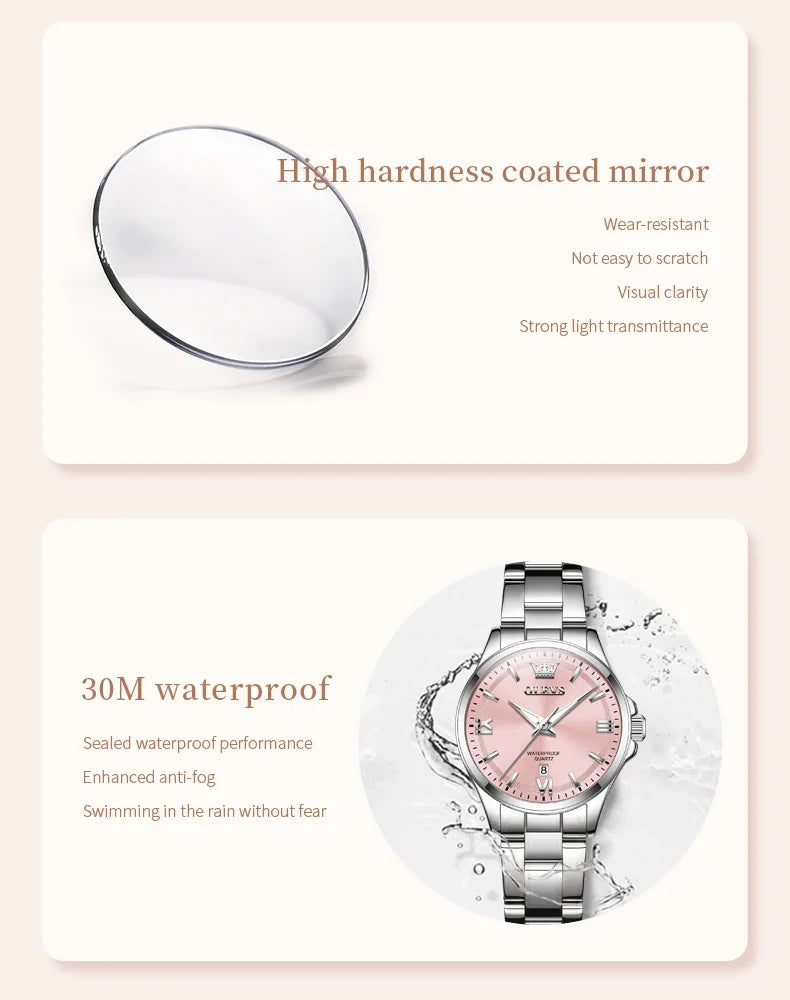 OLEVS 3668 Luxury Stainless Steel Quartz Watch for Women Waterproof Roman Numeral Date Display round Dial Push Button Hidden Clasp