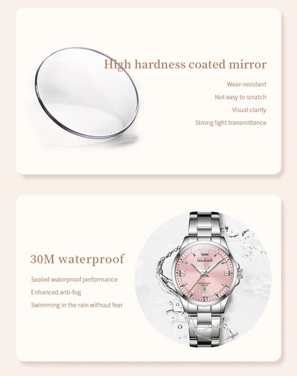 OLEVS 3668 Luxury Stainless Steel Quartz Watch for Women Waterproof Roman Numeral Date Display round Dial Push Button Hidden Clasp