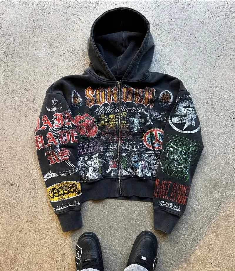 Y2k American Fashion Personality Versatile Anime Printed Zipper Hoodie Men