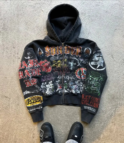 Y2k American Fashion Personality Versatile Anime Printed Zipper Hoodie Men