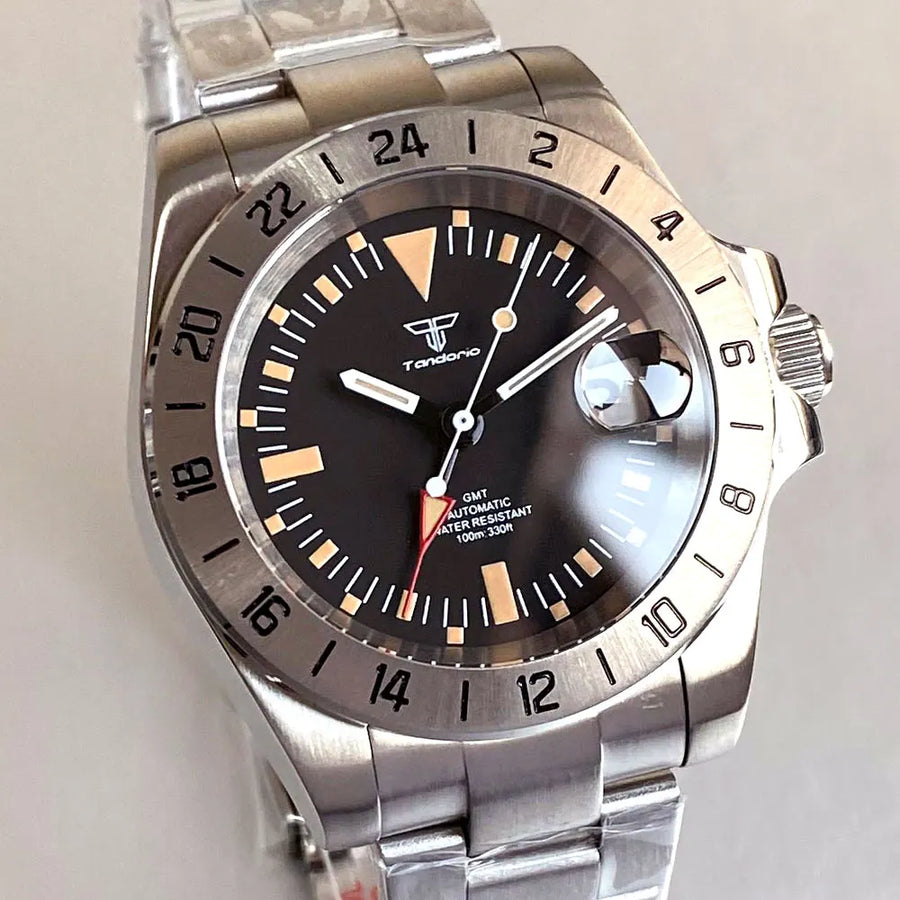 39mm Tandorio 200M Diving NH34 GMT Sapphire Glass Black Dial Luminous Mechanical Watch Men Steel Bracelet Business Dress Clock