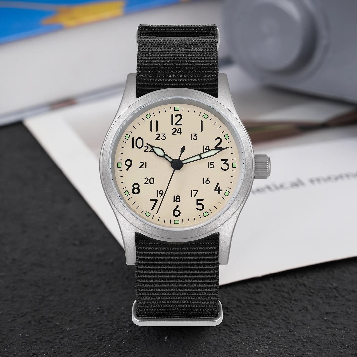 Militado ML05 38mm Military Field Watch - Sweep Quartz Movement Domed Sapphire Crystal 100M Waterproof Super Luminous Nylon Band Watch for Men
