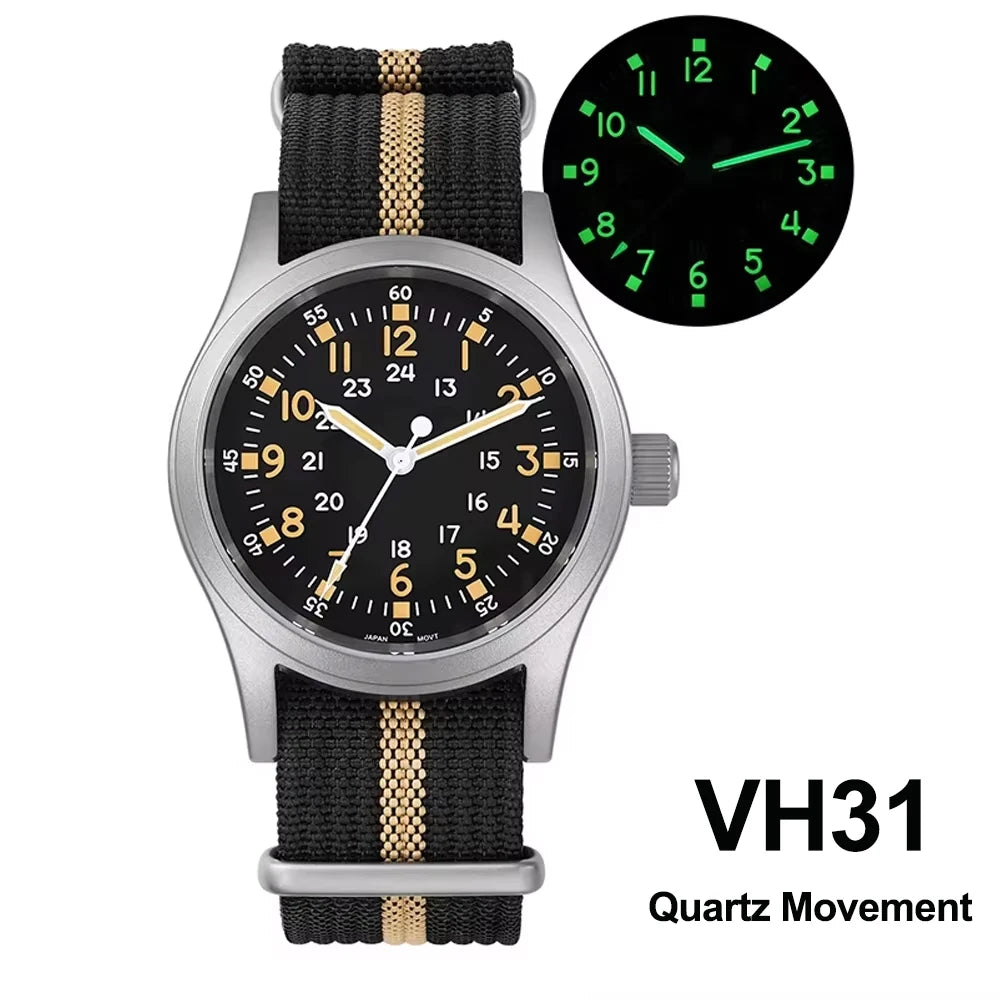 Militado ML05 38mm Military Field Watch - Sweep Quartz Movement Domed Sapphire Crystal 100M Waterproof Super Luminous Nylon Band Watch for Men