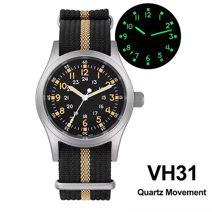Militado ML05 38mm Military Field Watch - Sweep Quartz Movement Domed Sapphire Crystal 100M Waterproof Super Luminous Nylon Band Watch for Men