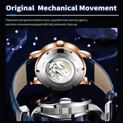 OLEVS 9923 Men's Casual Fashion Luxury Mechanical Watch Leather Strap Luminous High Quality Stainless Steel round Case Wristwatch