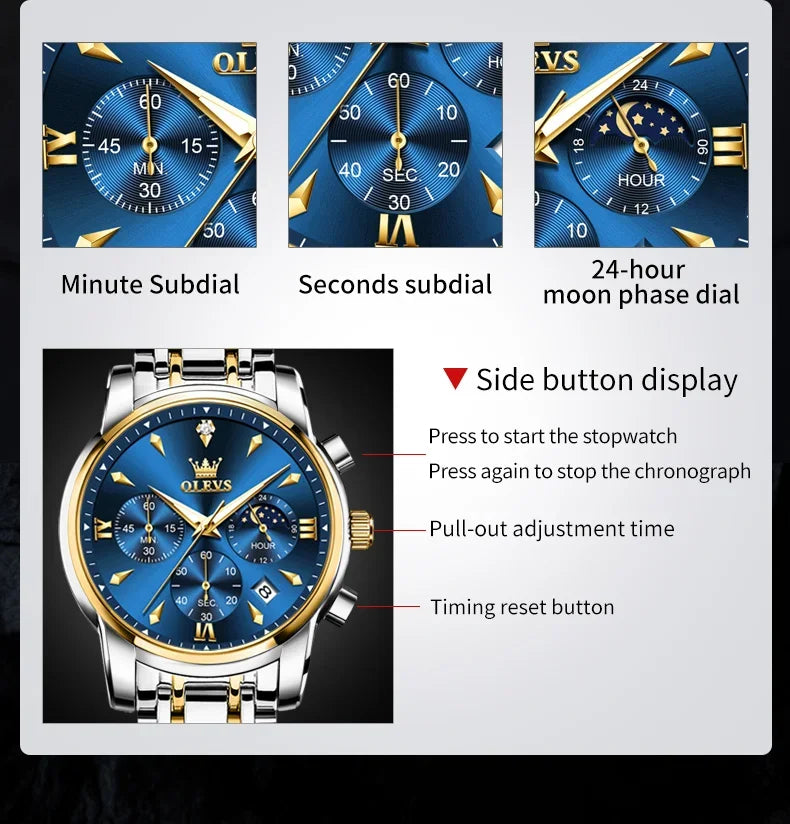 OLEVS 3639 Men's Luxury Quartz Watch Stainless Steel Luminous Moon Phase Waterproof Wristwatch with Push Button Hidden Clasp