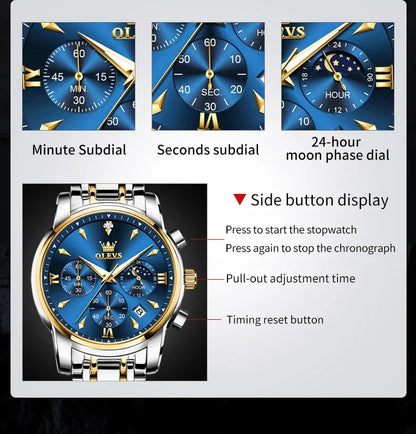 OLEVS 3639 Men's Luxury Quartz Watch Stainless Steel Luminous Moon Phase Waterproof Wristwatch with Push Button Hidden Clasp