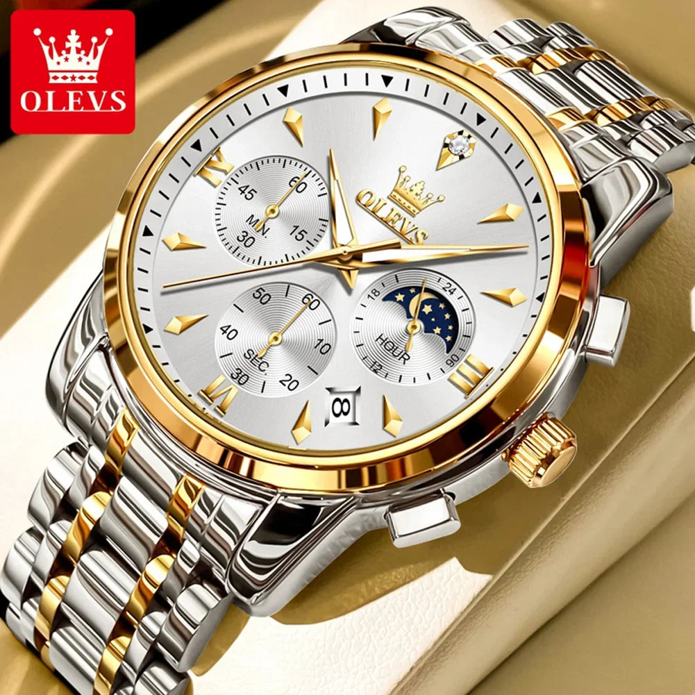 OLEVS 3639 Men's Luxury Quartz Watch Stainless Steel Luminous Moon Phase Waterproof Wristwatch with Push Button Hidden Clasp
