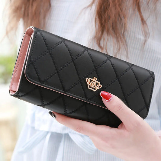 Black Long Wallets for Women PU Leather Diamond Pattern