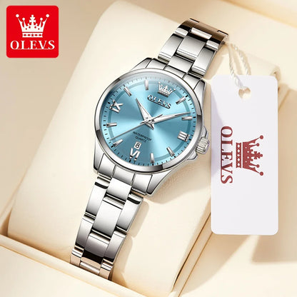 OLEVS 3668 Luxury Stainless Steel Quartz Watch for Women Waterproof Roman Numeral Date Display round Dial Push Button Hidden Clasp