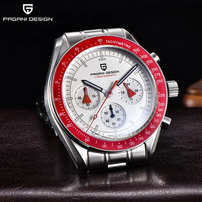 PAGANI DESIGN Men's Chronometer Quartz Watch Waterproof Luminous Red Sapphire Mirror Stainless Steel Band Fashion & Casual Wristwatch