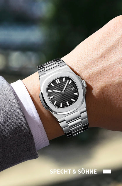 Specht & Söhne Classic 5711 Ultra Thin Men's Watch Green Sapphire Crystal 50M Water Resistant Stainless Steel Quartz Wristwatch