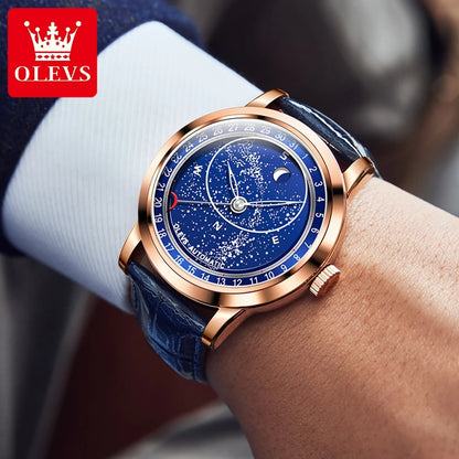 OLEVS 9923 Men's Casual Fashion Luxury Mechanical Watch Leather Strap Luminous High Quality Stainless Steel round Case Wristwatch