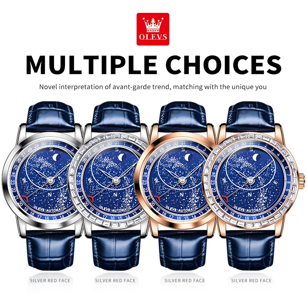 OLEVS 9923 Men's Casual Fashion Luxury Mechanical Watch Leather Strap Luminous High Quality Stainless Steel round Case Wristwatch