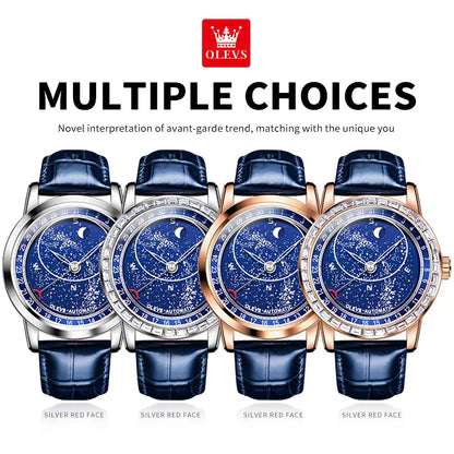 OLEVS 9923 Men's Casual Fashion Luxury Mechanical Watch Leather Strap Luminous High Quality Stainless Steel round Case Wristwatch