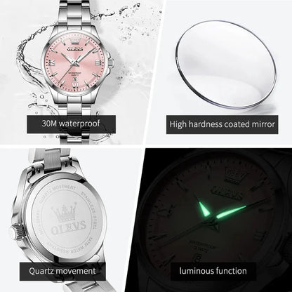OLEVS 3668 Luxury Stainless Steel Quartz Watch for Women Waterproof Roman Numeral Date Display round Dial Push Button Hidden Clasp