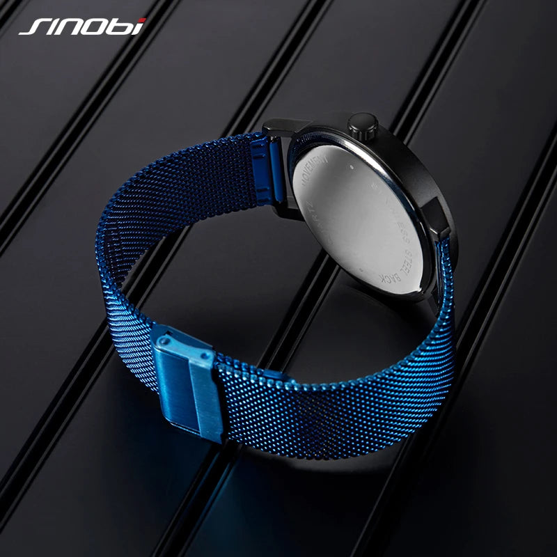 SINOBI Men's Fashion Quartz Watch Stainless Steel Blue Wristwatch Shock Resistant Water-Resistant Male Relogio Masculino