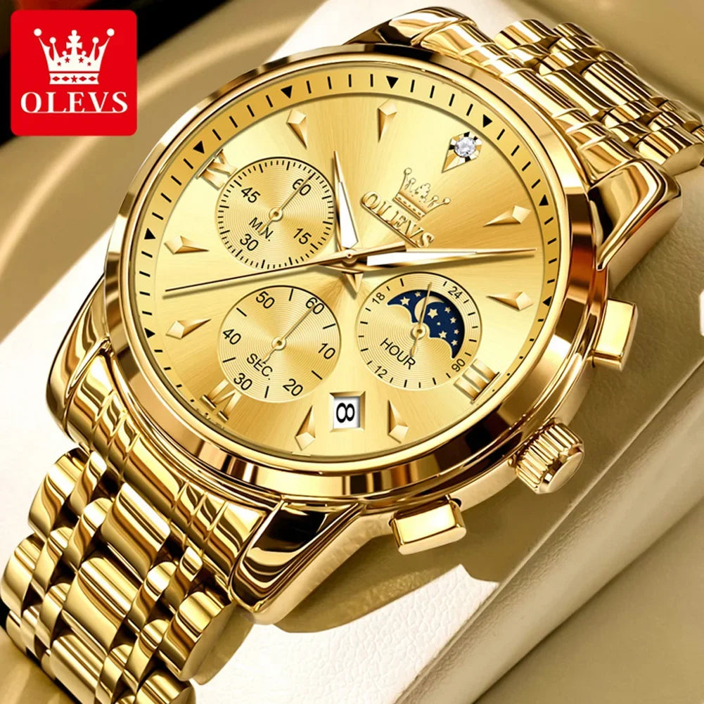 OLEVS 3639 Men's Luxury Quartz Watch Stainless Steel Luminous Moon Phase Waterproof Wristwatch with Push Button Hidden Clasp