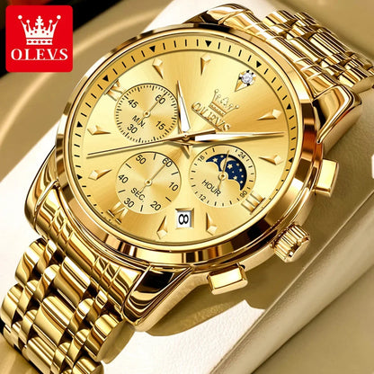 OLEVS 3639 Men's Luxury Quartz Watch Stainless Steel Luminous Moon Phase Waterproof Wristwatch with Push Button Hidden Clasp